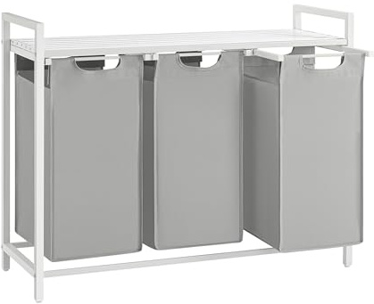 VASAGLE Cesto para Ropa Sucia, Cesta Colada, 3 Bolsas de Tela Oxford Extraíble y Desmontable, Estante, Marco Metálico, 3 x 40 L, 92,5 x 33 x 72 cm, Gris Paloma y Blanco Mate BLH301W03