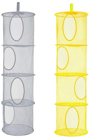 LoNinLoAn 2Pcs Hanging Mesh Storage Bag Collapsible Hanging Storage Net 4 Tier Compartments Hanging Storage Organizer Toy Storage Foldable Hanging Soft Toy Storage Hanging Mesh Basket(Yellow & Gray)