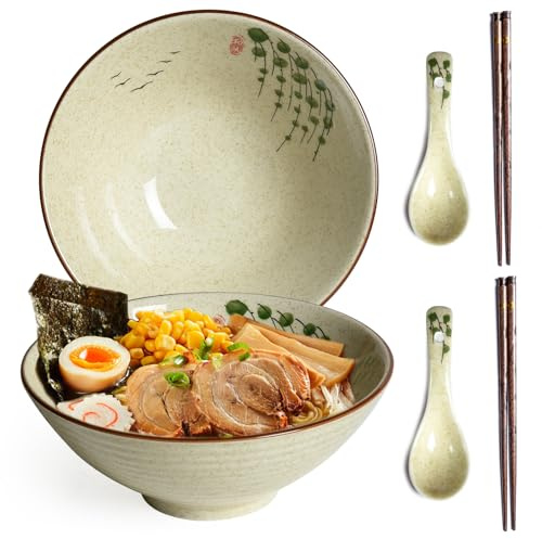 HLWDXno1 Ramen Bowl Set of 2 Ceramic Noodle Bowl with Chopsticks & Spoons 1200ml Large Soup Bowls Japanese Style Retro Porcelain Microwave Tableware Ramen Gift Set for Salad,Pho,Pasta,Udon, Twig