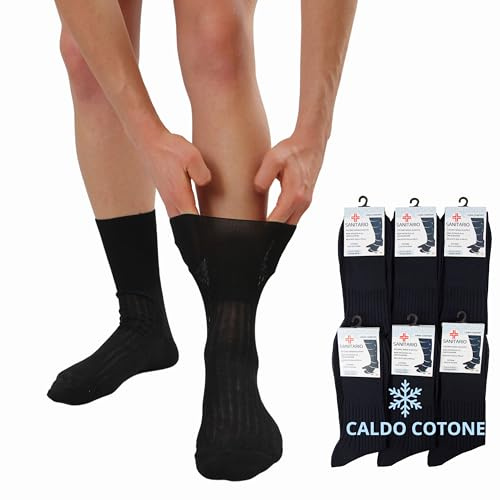 LEON D'ORO Calze Sanitarie Uomo Caldo Cotone Calzini Corti per Diabetici 6 paia Made in Italy (IT, Numero, 40, 42, Regular, Regular, NERO 6 paia)