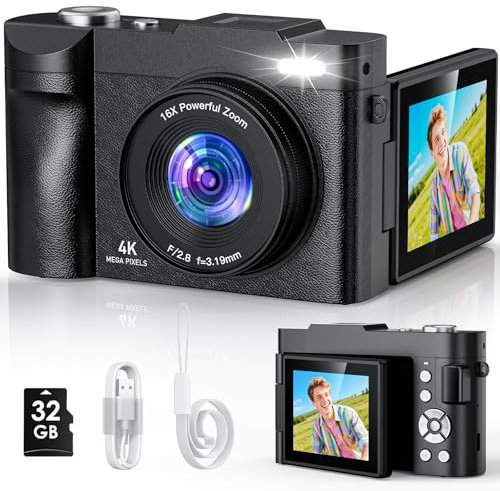 Cámara Digital, 4K 50MP Camara de Fotos 16X Zoom, Cámara Compacta con Pantalla Flip De 180° De 2,8, Autofocus Vlogging Cámara con 32GB, Recargable Fotográfica para Principiantes, Adolescentes
