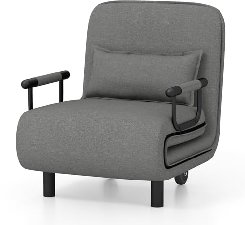 Multigot 3-in-1 Folding Sofa Bed, 5-Position Adjustable Leisure Chaise Lounge Couch with Pillow & Caster, Single Sleeper Arm Chair for Bedroom Living Room Office (Dark Grey)