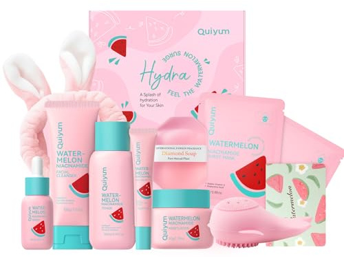 Quiyum Watermelon Skincare Set, 7PCS Facial Routine Kit with Niacinamide, Hyaluronic Acid & Collagen for Hydrating, Radiance & Daily Glow, Christmas Birthday Pamper Gifts for Women Teenage Girls