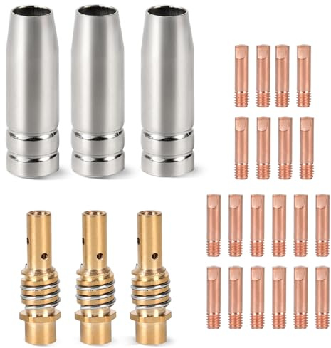 SWAWIS 26 Piezas de Desgaste para Equipo de Soldadura MIG MAG Accesorios con 20 Boquillas de Contacto, 3 Toberas de Gas, 3 Difusores, Accesorios para Equipo de Soldadura MIG MAG AK15/MB15