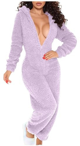 Combinaison Pyjama Femme Sexy en Polaire Pyjama Hiver Boutonnée à Rabat Boutonné Fonctionnel Combinaison Une pièce Couleur Unie avec Capuche Poches et Oreilles Barboteuse Chaud Mignonn pour La Maison