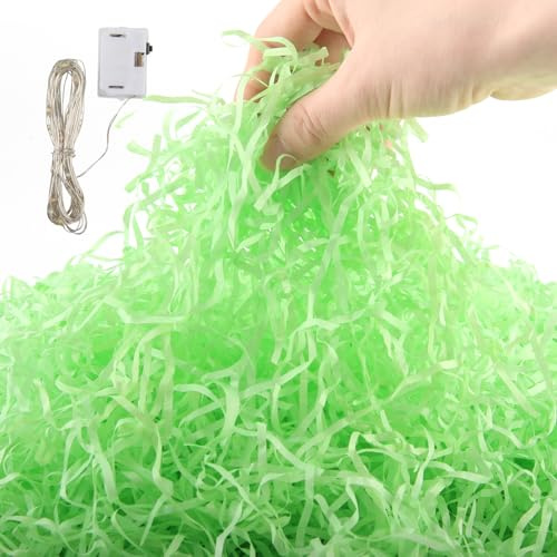 GZGXKJ Paglia per Cesti 300g Erba Pasquale Verde Materiale di Riempimento Erba di Pasqua con Fili Luminosi a LED Carta Regalo Pasquale per Realizzare Tovagliette Decorazione Pasquale