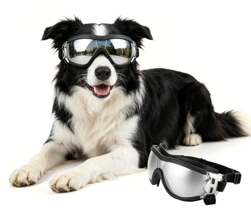 PETLESO Lunettes de soleil pour chien - Anti-UV - Coupe-vent - Avec bande élastique réglable - Pour grandes races - Argenté - Taille L