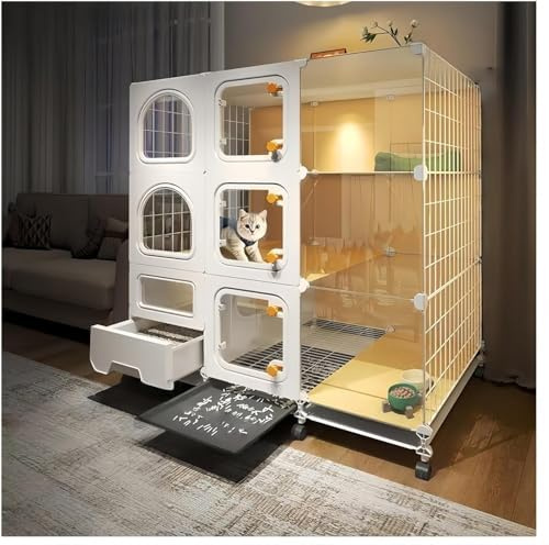 Indoor cat cage with Litter Box, Complimentary Cat Bed, Bow,lcat House with Wheels Outdoor,Large cat Villa Playpen, Small Animal Dog Kennel cat enclosures (42″(L) x18.2″(W) x46.2″(H))