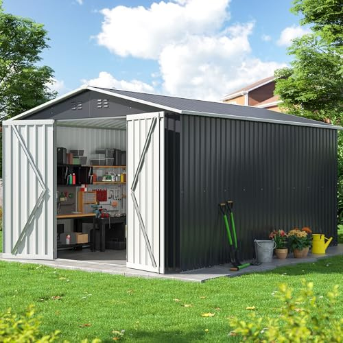 DAUSOLA 8x12 FT Outdoor Storage Shed, Metal Garden Tool Shed with Updated Frame Structure and Lockable Doors, Ideal for Backyard Garden Patio Lawn, Grey