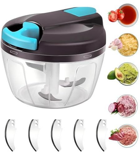 Onion Slicer - Cortador de cebolla (520 ml, 520 ml, manual con 3 cuchillas de acero inoxidable, 5 cuchillas adicionales y 1 batidora, picadora manual de cebolla, multipicadora manual
