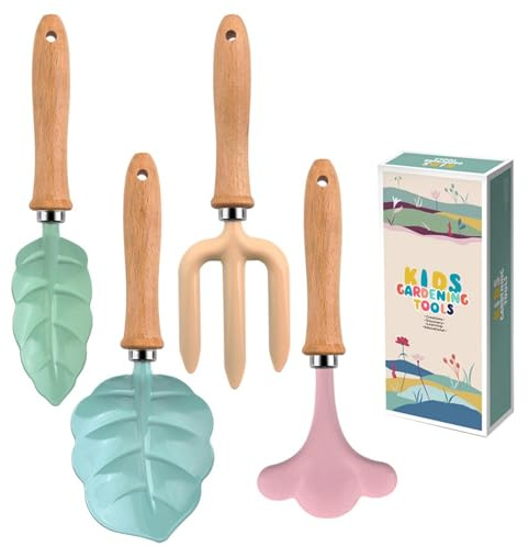 Kinder-Garten-Werkzeuge | 4-teilige Blattform mit Holzgriff,Kleine Gartenwerkzeuge - Schaufel- und Rechen-Set - für den Außenbereich, den, Sand, das Spiel, Hof, Sandkasten und Rasen