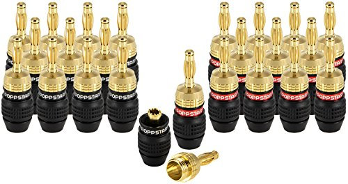 POPPSTAR fiche banane 24x haut de gamme (blindée), bananes pour câble haut-parleur (jusqu'à 6 mm²), haut-parleur, récepteur AV, plaqué or 24k (12x noir, 12x rouge)