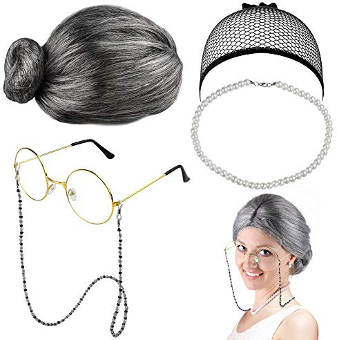 EMAGEREN Old Lady Kostüm Großmutter Cosplay Zubehör Set Oma Perücke Perücke Kappe Oma Brille Brillen Ketten Armband Perlenkette, Alte Dame Cosplay Set Kostümzubehör (5 Stück)