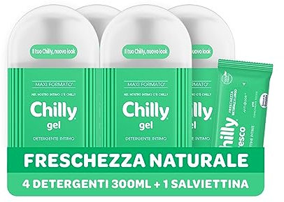 Chilly Detergente Intimo Fresco, Detergente per l'Igiene Intima con Molecola Antiodore, Formula Fresca con Mentolo Naturale, PH 5, Clinicamente Testato, Confezione da 4 Flaconi da 300 ml