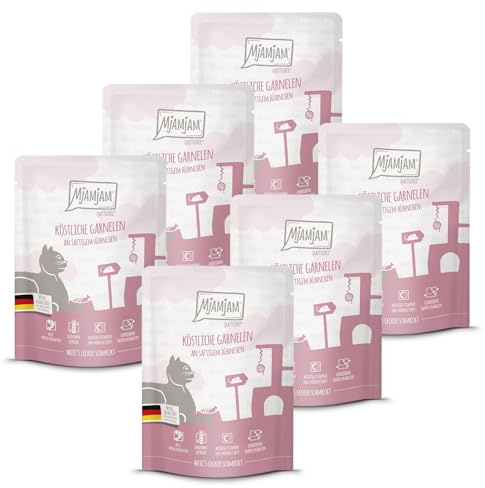MjAMjAM - nourriture humide premium pour chats - Quetschie - délicieuses crevettes sur poulet juteux, pack de 6 (6 x 300 g), sans céréales avec supplément de viande