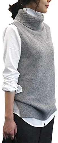 Damen 100% Kaschmir, gestrickt, ärmellos, Rollkragenpullover, einfarbig, Pullover, grau, 38