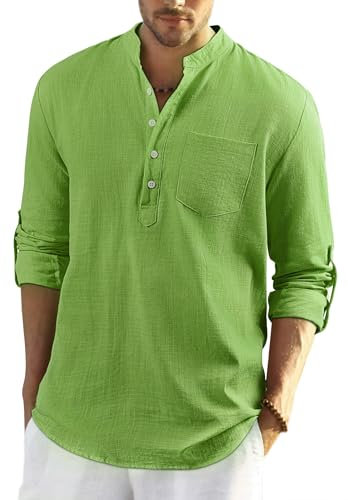 Enlision Mens Apple Green Cotton Linen Shirts Long Sleeve Shirt Button Down Henley Shirts Lightweight Casual Plain Tops for Men XL