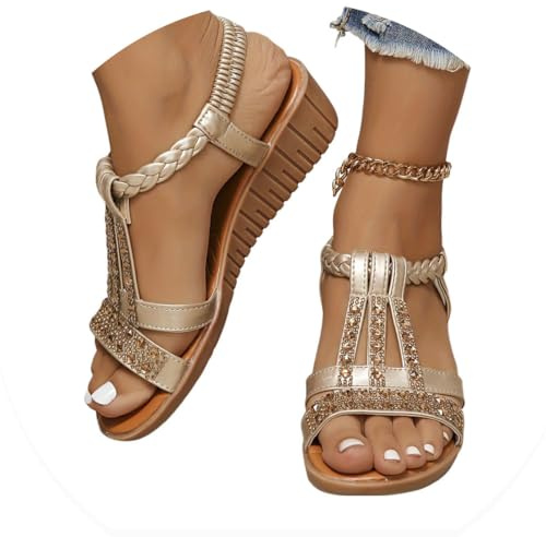 Onsoyours Sandale Femme Compensees Été Mode Élégance Mules Sandales Bout Ouvert Rome Strass Bride Cheville Chaussures pour Plage Vacances