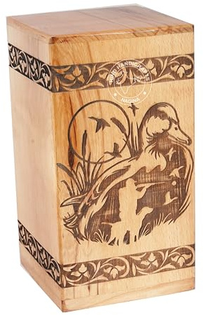 HIND HANDICRAFTS Handcrafted Floral Engraved Wooden Urns for Human Ashes Adult Large - Cremation Urn for Ashes - Burial Urn for Columbarium - Funeral Urn Box (Duck, 250 LB - Beechwood)