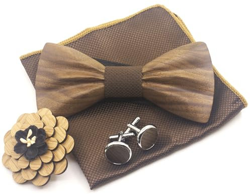 Cyriacus Ensemble Nœud papillon Bois pour Homme Mariage Fête Noeud Papillon,Boutons de Manchette,Mouchoir,Fleur Broche