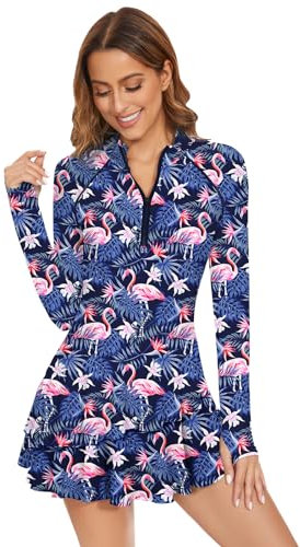 WOWENY Schwimmshirt Zweiteilige Badekleid Damen Große Größen Badeanzug Damen Bauchweg mit Short Langarm Rash Guard Reißverschluss Bademode Flamingo-Druck XL