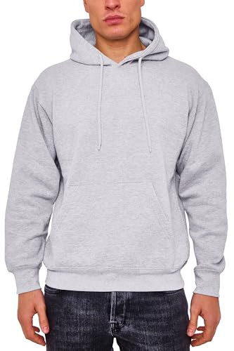 LABEL APPAREL Mens Pullover Fleece Hoodie 300GSM Sweatshirt Plain Hoody Work Hooded Jumper Ribbed Cuff Long Sleeve Pull Over Top, Grey, L