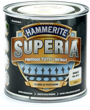 Hammerite Superia smalto metallo antiruggine interno e esterno, Opaco Bianco, 250 ml