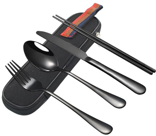 VANRA Tragbares Reisebesteck Set mit Koffer 4-teiliges Edelstahl Campingbesteck Set Wiederverwendbares Besteck Set für Arbeit Gabel Löffel Messer Stäbchen für Lunch Box Schule Picknick (Schwarz)