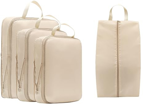 Juego de 4 cubos de almacenamiento y compresión, organizador de maleta beige para mochila y ahorro de espacio