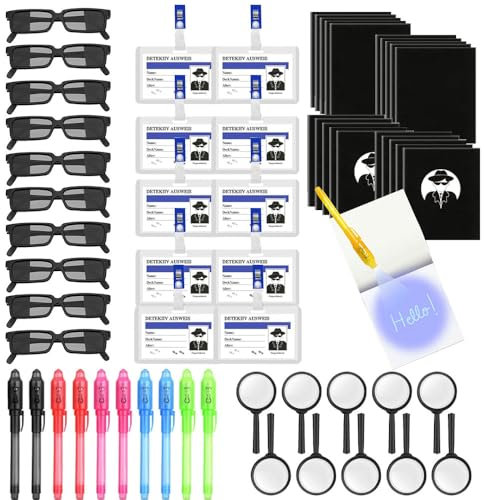 Vmxlso 60STK Detektiv Set Kinder, Detektiv Geburtstag Mitgebsel, Dedektivset Kinder mit Stift, Notizbuch, Agent Brille, Detektivausweis mit Clip & Lupen, Detektiv Kindergeburtstag Gastgeschenke