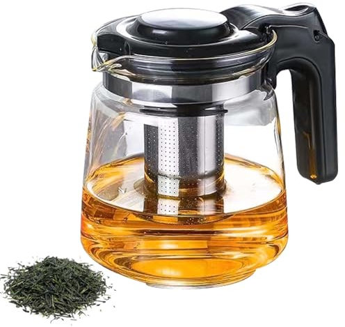 Tekanna glas, 1,6 l glaskanna med avtagbar sil, 13,5 x 15 cm värmebeständig glaskanna med lock, temaker av borosilikatglas för varma och kalla drycker, blommande te, lösa blad te