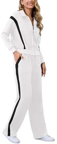 Aokivvy Lounge Sets for Women Sweatsuits 2 Piece Outfits Zip Up Sweatshirt Striped Wide Leg Sweatpants Tracksuit Matching Set, White, Medium