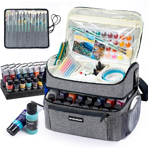 Acrylic Paint Organizer Bag with Washable Roll-Up Brush Holder, 2-Layer Art Supply Case, Large Craft Organizer with Foam Inserts for Apple Barrel, Shuttle Art, Caliart Art Supplies Storage Bag