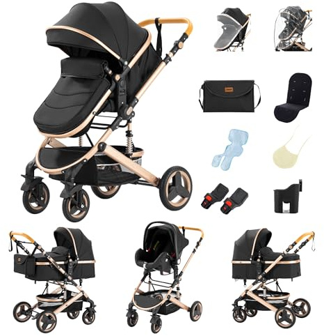 GLOKID Cochecito para bebé 3 en 1 - Sistema de viaje versátil, para uso desde el nacimiento hasta los 3 años - Combinación de cochecito, cuna - Incluye bolsos de mamá, tapa(H530W Nero)