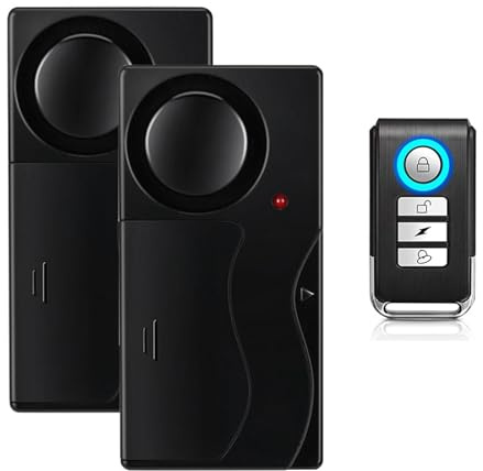 Mengshen Trådlös vibrationslarm fjärrkontroll justerbar känslighetsnivå 4 volyminställning, vibrationssensorlarm med 3 dörrklockor för hem, garage, dörr, fönstersäkerhet