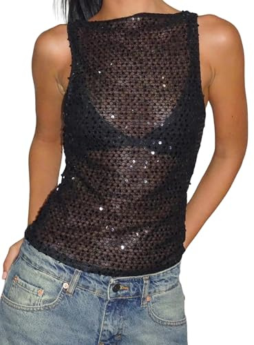 Women Sequin Tank Tops Sparkly Glitter Vest Y2K Glitter Tops for Club Party | sequin top,glitter top,pink sequin top,pink sparkly top,glitter top,party tops,black sparkly top,gold sequin top,sparkly top