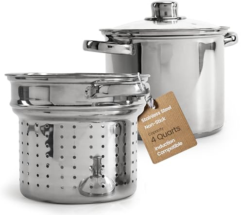 Culinary Edge 4-Piece Multi Cooker Stainless Steel Steamer Pot | Stockpot, Pasta Insert, Steamer Basket & Glass Lid | Pasta Pot Cooking Set for Meat, Vegetables, Seafood, Tamales, Soup & More | 4 Qt