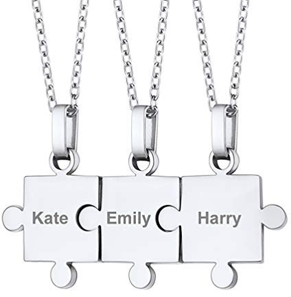 PROSTEEL 3-Teilig Puzzle Partnerketten Edelstahl personalisiert Puzzle Anhänger mit 55cm Rolokette Gravur Namensketten Freundschaft für Weihnachten Valentinstag