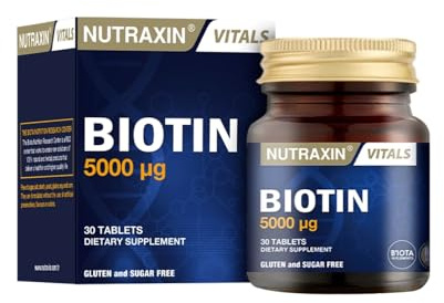 Nutraxin Biotin 5000mcg, 30 Tablets - Hair Growth Supplement with Vitamin B7 for Skin, Nails, Energy & Metabolism - Gluten & Lactose-Free - 1 Tablet/Day,1 Month Supply for Adults