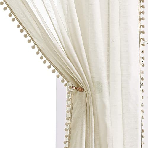 Pom Pom Linen Sheer Curtains for Living Room 72 Inch Decorative Pencil Pleat Tape Top Solid Curtains for Girls No See-Through Natural Slub Textured Voile Window Treatment Sets for Bedroom 52 W 2pcs
