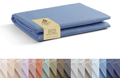 Linen Home 100% Cotton Percale 1 Flat Sheet, Queen Size - Crisp, Cool and Strong Bed Linen, Luxury Breathable Sheet, Baby Blue