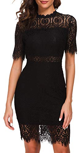 Zalalus Women's Elegant Short Sleeve High Neck Floral Lace Cocktail Party Dress Black US10