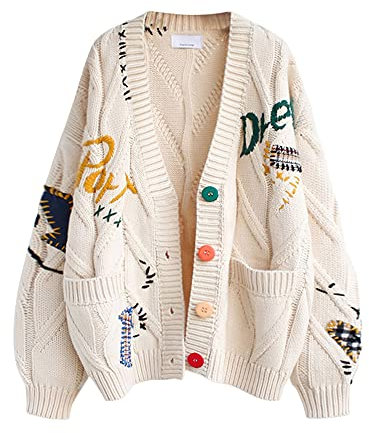 ebossy Damen Strickjacke mit Zopfmuster, langärmelig, vorne offen, Schaf, V-Ausschnitt, Knopfleiste, Stickerei, Wollmischung, Pullover, Mantel, Outwear, Beige, Mittel