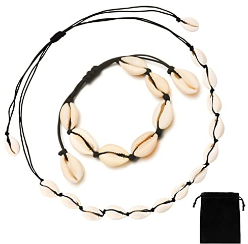 Cosswe Set de Bracelet Collier de Coquillages, 2 Pièces Collier de Coquillages Naturels Collier de Coquillages Bracelet Réglable pour Dames Filles Bijoux de Plage été Plage Bijoux (Noir)