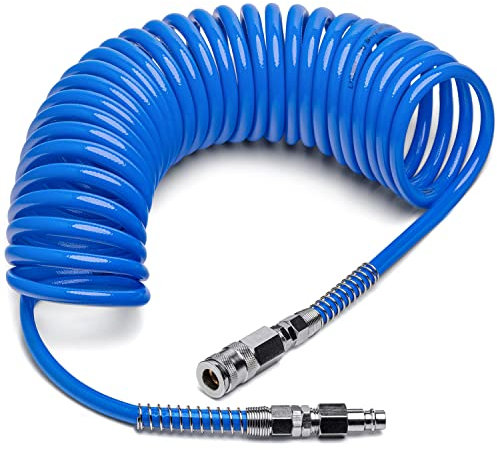 LICURAT Druckluftschlauch - 15 Meter - Gewebeverstärkter PU Druckluft Spiralschlauch - Innenø: 6,5mm; Außenø:10mm - Kompressorschlauch mit deutschen DN 7,2 Anschluss - Luftdruckschlauch mit Swivel