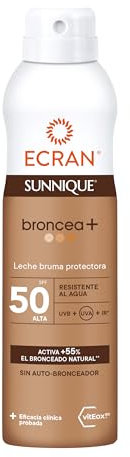 Ecran Sunnique Bronze- Bruma Leche Protectora FPS 50, Protección UVB + UVA e IR-A, Con Tecnología Pure Bronze y VitEox 80, Activa el Bronceado Natural, Sin Autobronceador - 250 ml