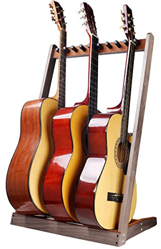 KingPoint Multi-Gitarren-Bodenständer, Holz-Gitarrenständer, Multi-Kopf-Gitarrenständer, Gitarrensammel-Organizer, mit Gitarrenplektren-Schlitz, passend für Gitarren aller Formen