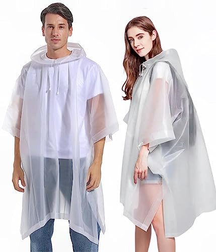 Bosdontek 2 Pièces Ponchos de Pluie Avec Chapeau, Réutilisable Cape en EVA Portable, Imperméable Homme et Femme pour Festival Camping Randonnée (Blanc)