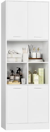 FirFurd 180.5cm Tall Bookcase White Bookshelf with 4 Doors Living Room Bookcases Free Standing Storage Cupboard for Home Office 180.5x60x40cm