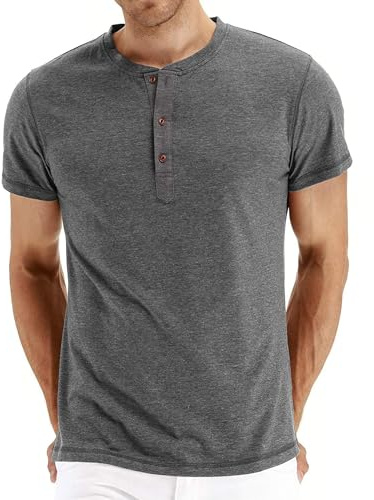 PEGENO Basic - Maglietta da uomo con vestibilità normale, alla moda, casual, a maniche lunghe, a maniche corte, colletto henley, C03 grigio scuro, M